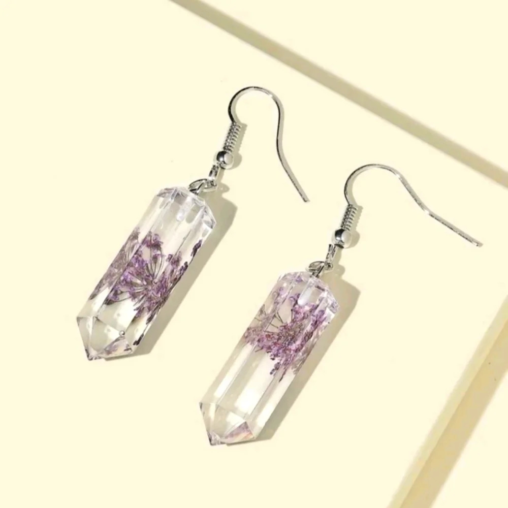 geo floral crystal silver drop earrings jewelry women's or girls cute lavender